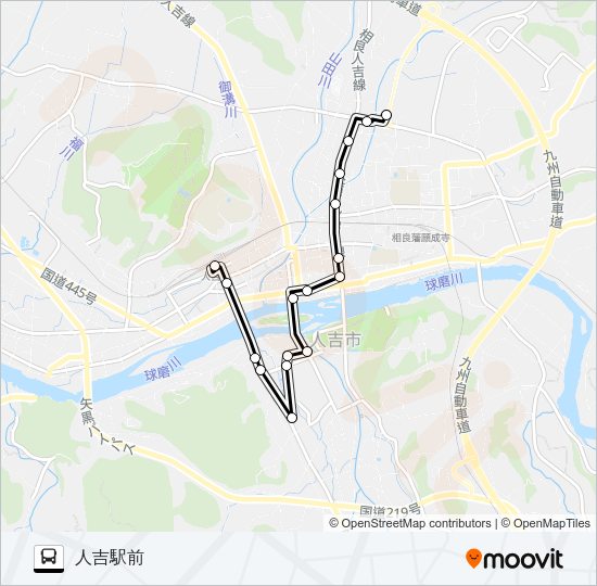 人吉ＩＣ乗降口→九日町～医療センター→人吉駅前 Bus Line Map