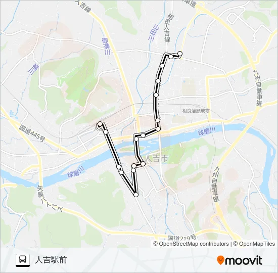 人吉ＩＣ乗降口→九日町～医療センター→人吉駅前 バスの路線図