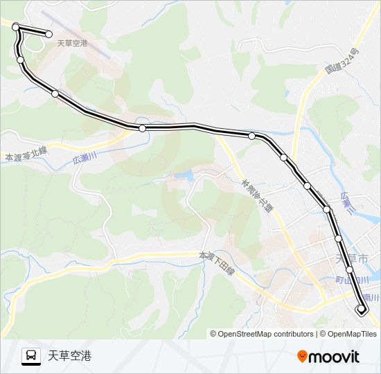 本渡バスセンター→天草市役所前～今釜→天草空港 Bus Line Map
