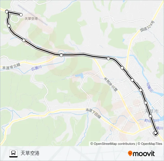 本渡バスセンター→天草市役所前～今釜→天草空港 バスの路線図