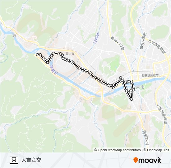 涼水戸温泉前→中神町段～医療センター→人吉産交 Bus Line Map