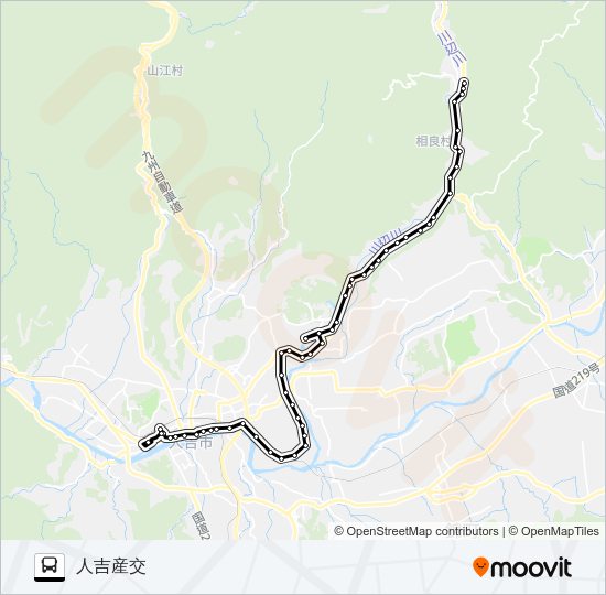 上田代（相良）→茶湯里温泉～川村駅入口→人吉産交 Bus Line Map