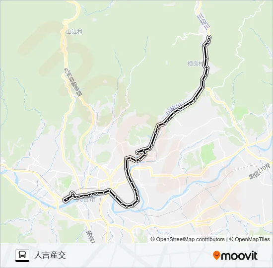 上田代（相良）→茶湯里温泉～川村駅入口→人吉産交 バスの路線図