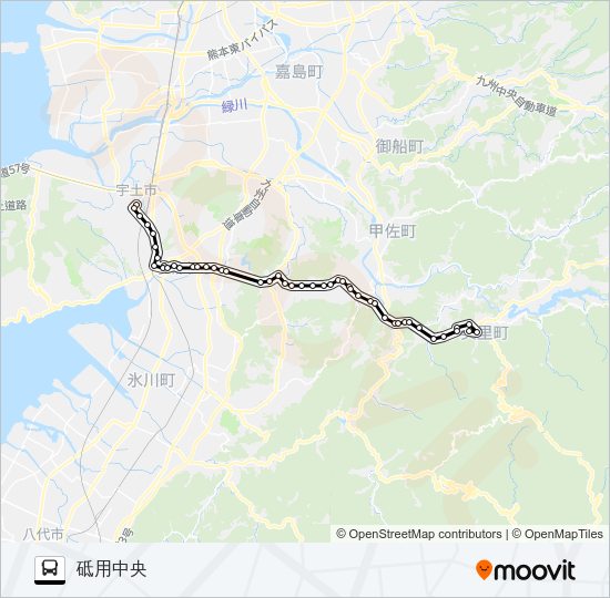 宇土本町二丁目→山崎橋～堅志田(新道)→砥用中央 Bus Line Map