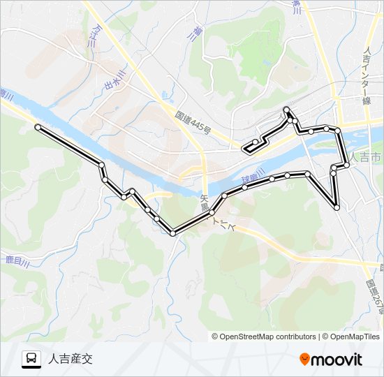 小柿公民館前→西瀬団地前～医療センター→人吉産交 Bus Line Map