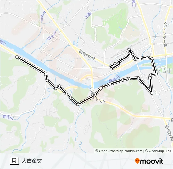 小柿公民館前→西瀬団地前～医療センター→人吉産交 バスの路線図