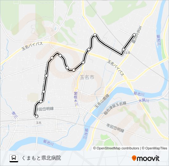 玉名駅前→玉名高校～玉名温泉→くまもと県北病院前 Bus Line Map