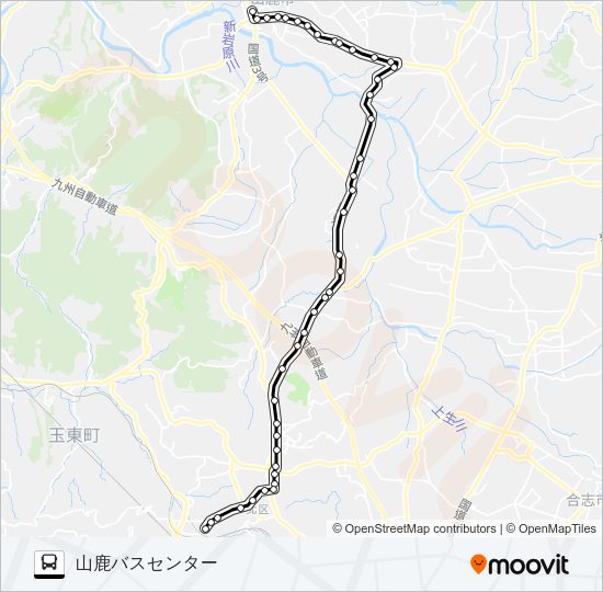 田原坂ニュータウン→植木～来民バイパス→山鹿温泉 Bus Line Map