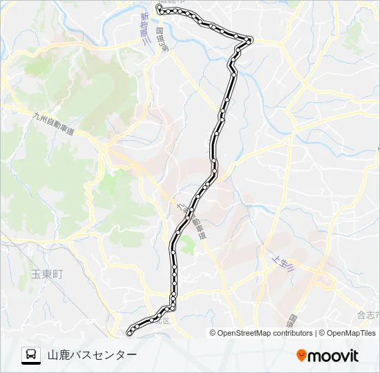 田原坂ニュータウン→植木～来民バイパス→山鹿温泉 バスの路線図