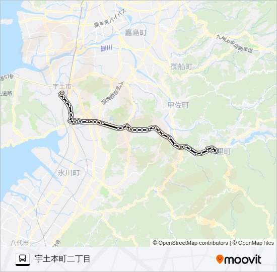 砥用中央→堅志田(新道)～山崎橋→宇土本町二丁目 Bus Line Map