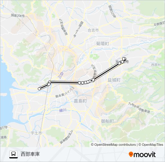 阿蘇くまもと空港→熊本駅直行便→熊本駅・西部車庫 Bus Line Map