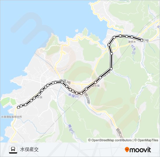 2：つなぎ温泉前→新水俣駅～市役所前（水→水俣産交 Bus Line Map