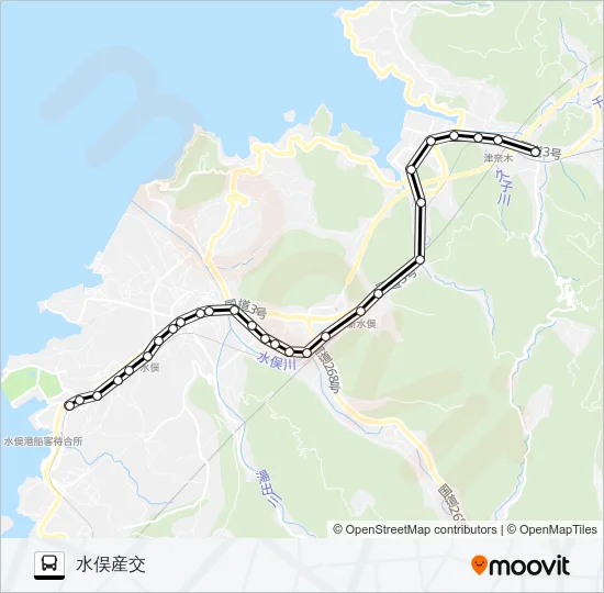2：つなぎ温泉前→新水俣駅～市役所前（水→水俣産交 バスの路線図