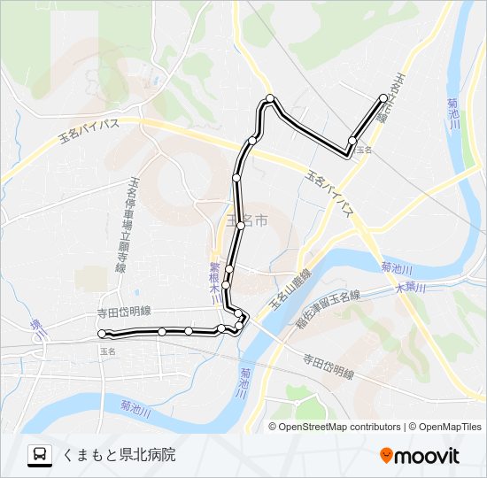 玉名駅前→玉名中町～玉名市役所→くまもと県北病院前 バスの路線図