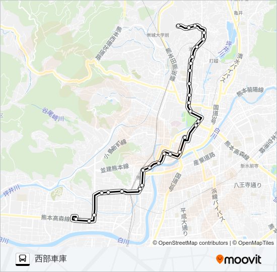 A1-1/T3-0：富尾団地→京町～熊本駅→西部車庫 Bus Line Map