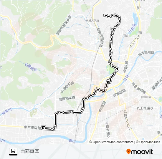 A1-1/T3-0：富尾団地→京町～熊本駅→西部車庫 バスの路線図