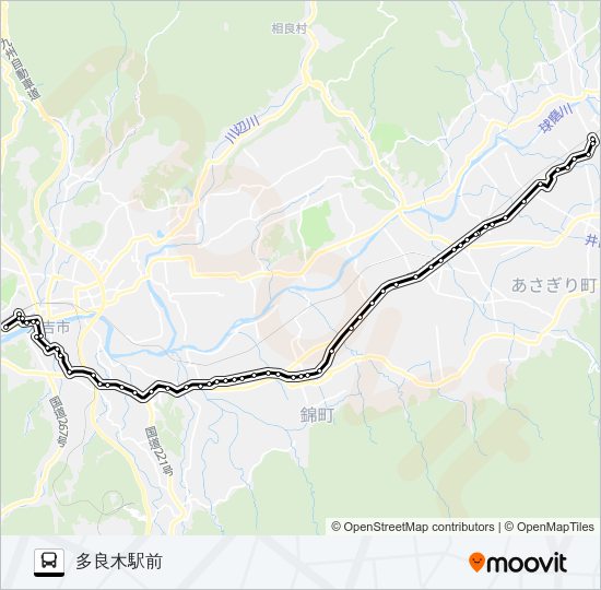 人吉産交→医療C～西村～支援学校～多良駅→多良木駅前 Bus Line Map