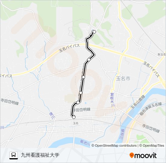 玉名駅前→玉名高校前～北稜高校前→九州看護福祉大学前 Bus Line Map