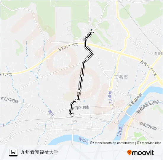 玉名駅前→玉名高校前～北稜高校前→九州看護福祉大学前 バスの路線図