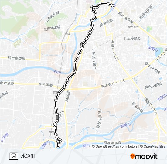 R1-1：川尻町→川尻市道～桜町バスターミナル→水道町 Bus Line Map