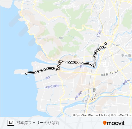 S3-2：桜町バスターミナル→蓮台寺～西区役所→熊本港 Bus Line Map
