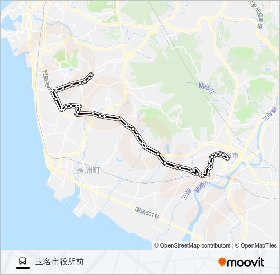1：バスセンター（荒尾）→桜山団地上～金山→玉名市役所前 Bus Line Map