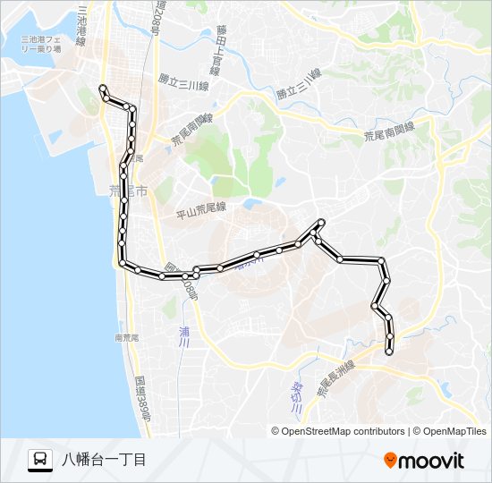 8：荒尾四ツ山→市役所前～有明医療センター→八幡台一丁目 Bus Line Map