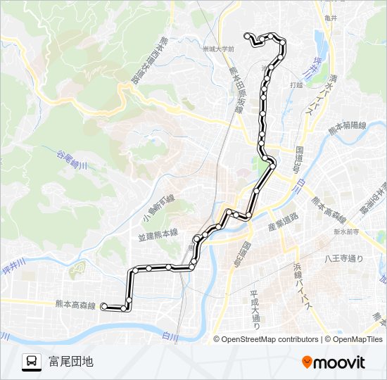 A1-1/T3-0：西部車庫→熊本駅～京町本丁→富尾団地 Bus Line Map