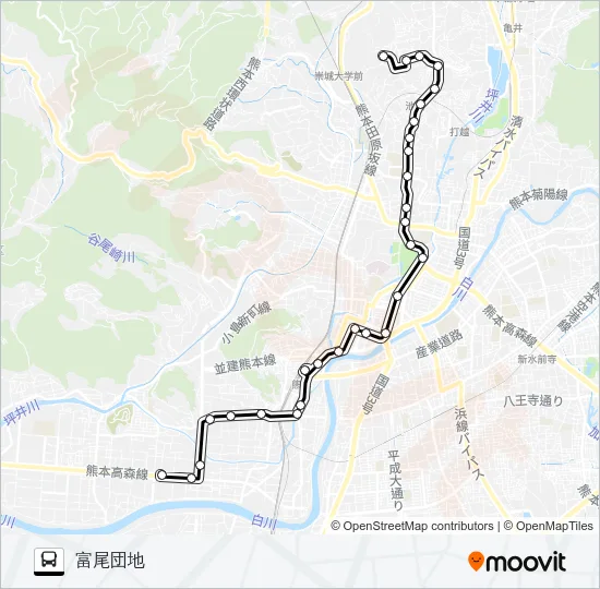 A1-1/T3-0：西部車庫→熊本駅～京町本丁→富尾団地 Bus Line Map