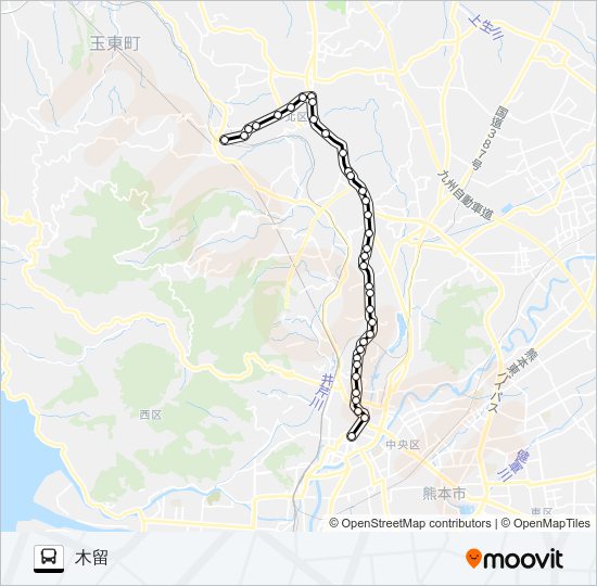A2-1：桜町バスターミナル→京町本丁～植木宮の前→木留 Bus Line Map