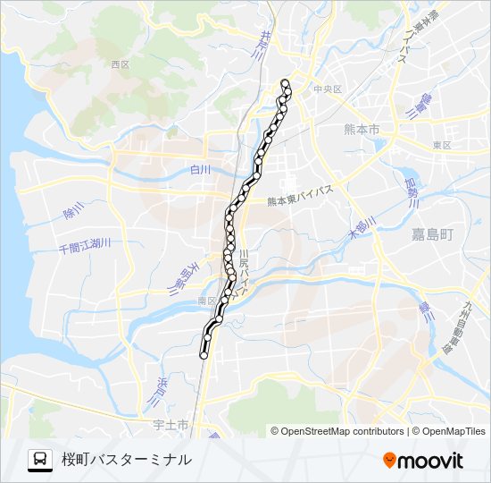 R1-2：国町→川尻町～熊日前（旧道→桜町バスターミナル Bus Line Map