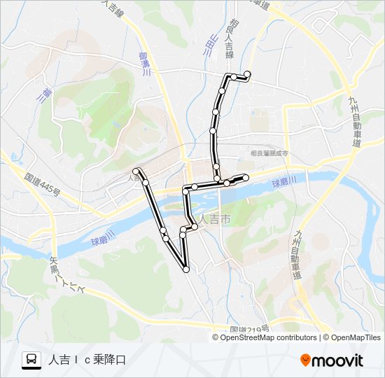人吉駅前→医療センター～球磨川下り発船場→人吉ＩＣ乗降口 Bus Line Map
