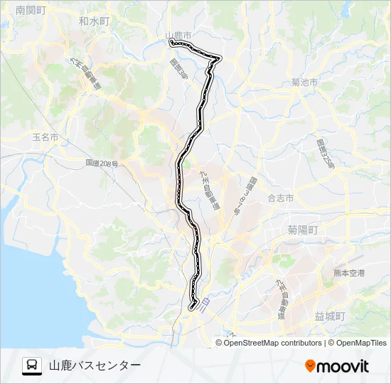A5-1：桜町バスターミナル→植木～来民バイパス→山鹿温泉 バスの路線図