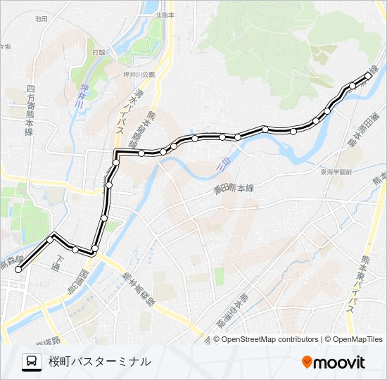 E2-0：竜田口駅前→熊本大学前～子飼→桜町バスターミナル Bus Line Map