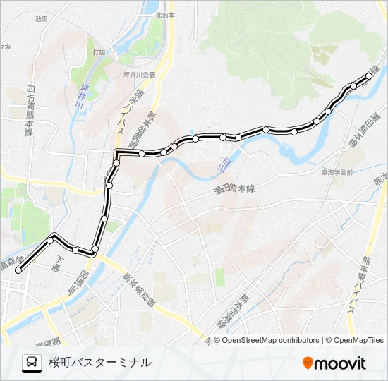 E2-0：竜田口駅前→熊本大学前～子飼→桜町バスターミナル バスの路線図