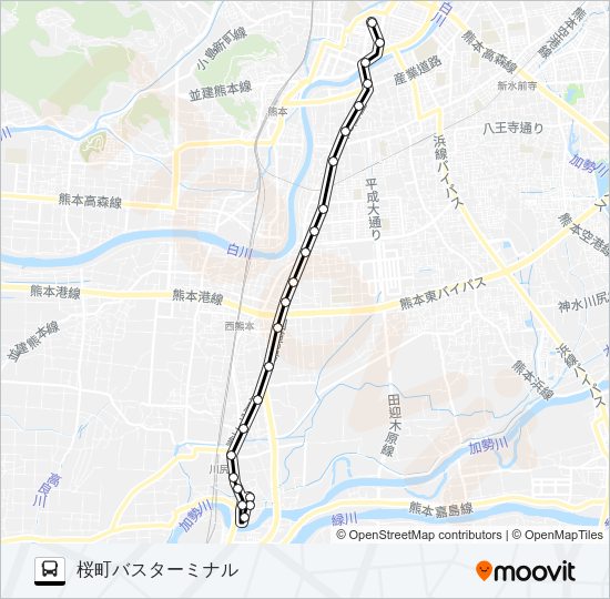 R2-1：川尻町→川尻町（旧道～五反田→桜町バスターミナル Bus Line Map