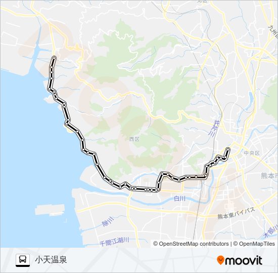 T2-2：桜町バスターミナル→西区役所～河内農協→小天温泉 Bus Line Map