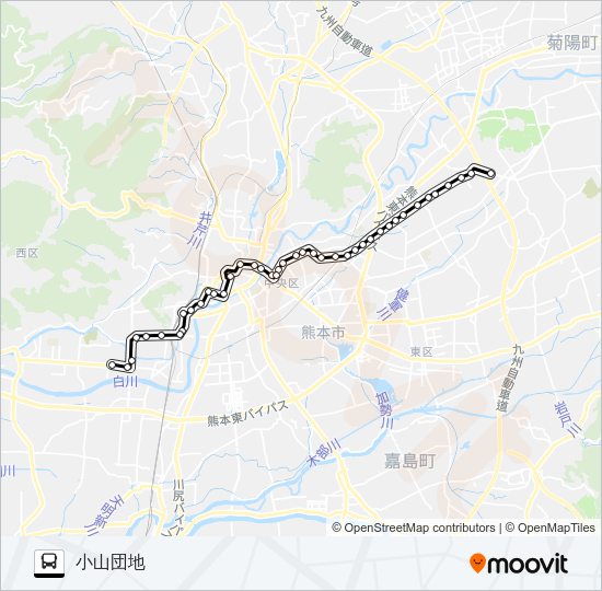 G2-1/T3-0：西部車庫→熊本整形～託麻八反田→小山団地 Bus Line Map
