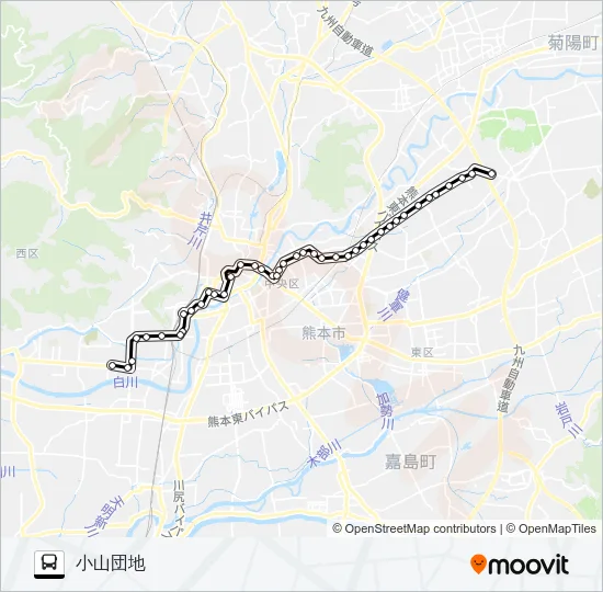 G2-1/T3-0：西部車庫→熊本整形～託麻八反田→小山団地 バスの路線図
