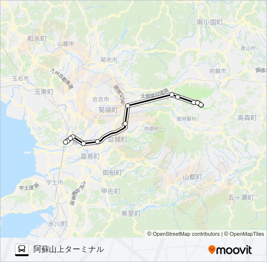特急：熊本駅前→県庁前～阿蘇くまもと空港→阿蘇山上ターミナル Bus Line Map