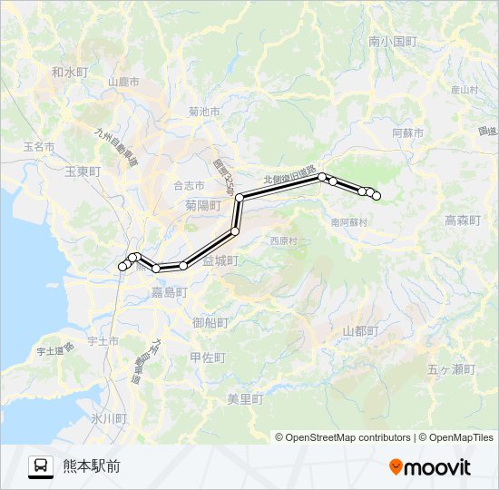 特急：阿蘇山上ターミナル→阿蘇くまもと空港～県庁前→熊本駅前 Bus Line Map