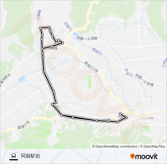 阿蘇駅前→みやはら~内牧(阿蘇医療センター経由)→阿蘇駅前. バスの路線図