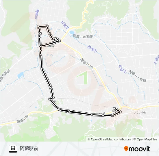 阿蘇駅前→みやはら~内牧(阿蘇医療センター経由)→阿蘇駅前. Bus Line Map