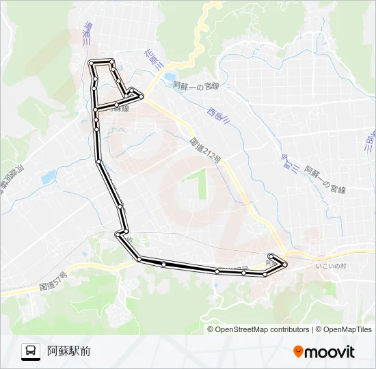 阿蘇駅前→内牧~みやはら(阿蘇医療センター経由)→阿蘇駅前. バスの路線図