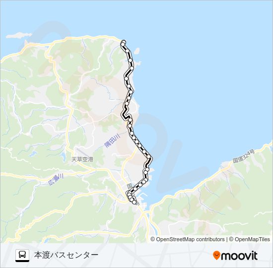 32：鬼池港→セントラル病院前～天草警察署総合→本渡バスセンター Bus Line Map