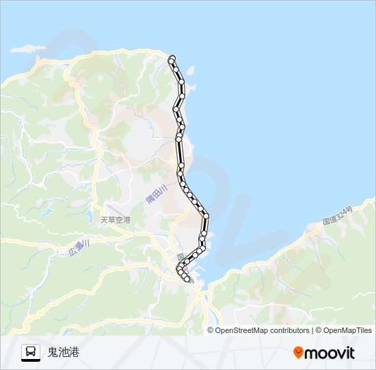33：本渡バスセンター→天草警察署総合庁舎前～セントラル→鬼池港 Bus Line Map