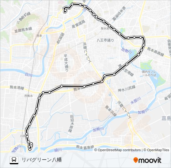 K1-5/R2-1：桜町バスターミナル→済生会病院～川尻駅前→川尻町 Bus Line Map