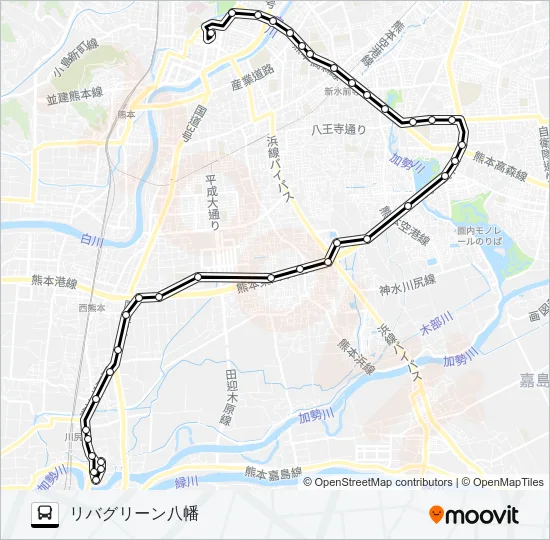 K1-5/R2-1：桜町バスターミナル→済生会病院～川尻駅前→川尻町 バスの路線図