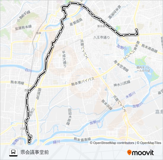 K6-0/R1-1：リバグリーン八幡→川尻市道～県庁前→県会議事堂前 Bus Line Map