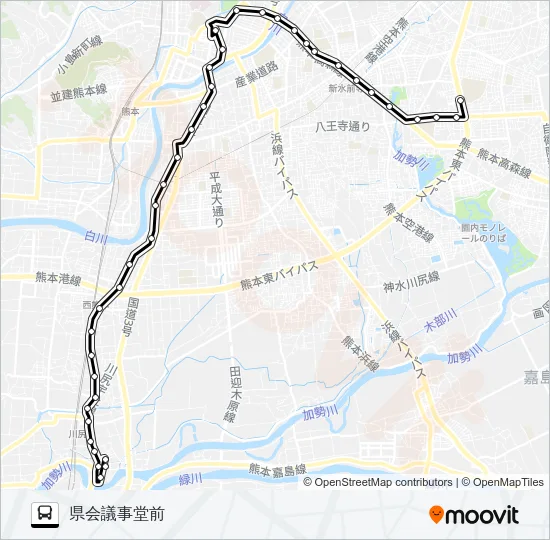 K6-0/R1-1：リバグリーン八幡→川尻市道～県庁前→県会議事堂前 バスの路線図